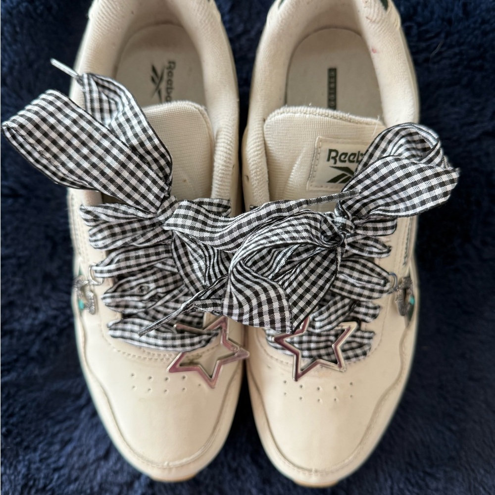 Reebok Cream & green sneakers with gingham laces & silver shoe charms